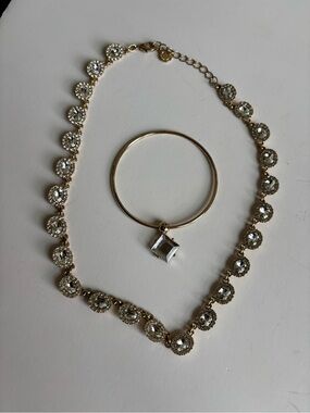 Gold-Tone Crystal Necklace & Bangle Set - Sparkling Clear Stones